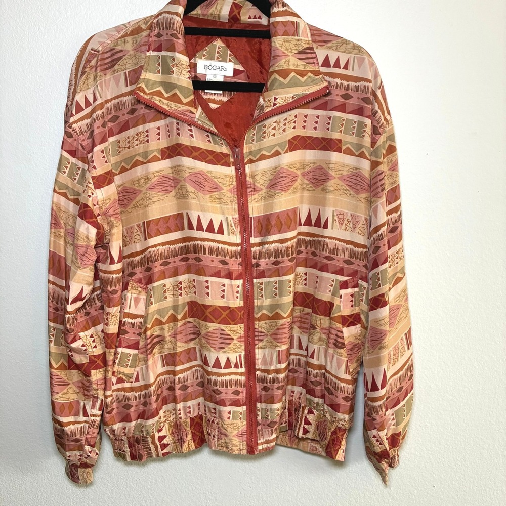 Vintage Bogari 100% Silk Bomber Jacket Mens Small Geometric Tribal Southwestern